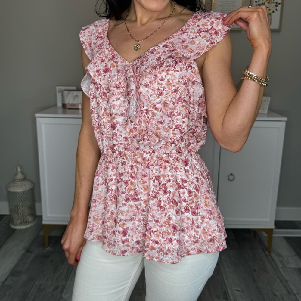 Grace Karin Pink and White Floral Flutter Sleeve Tank Top Blouse | Small | NWT